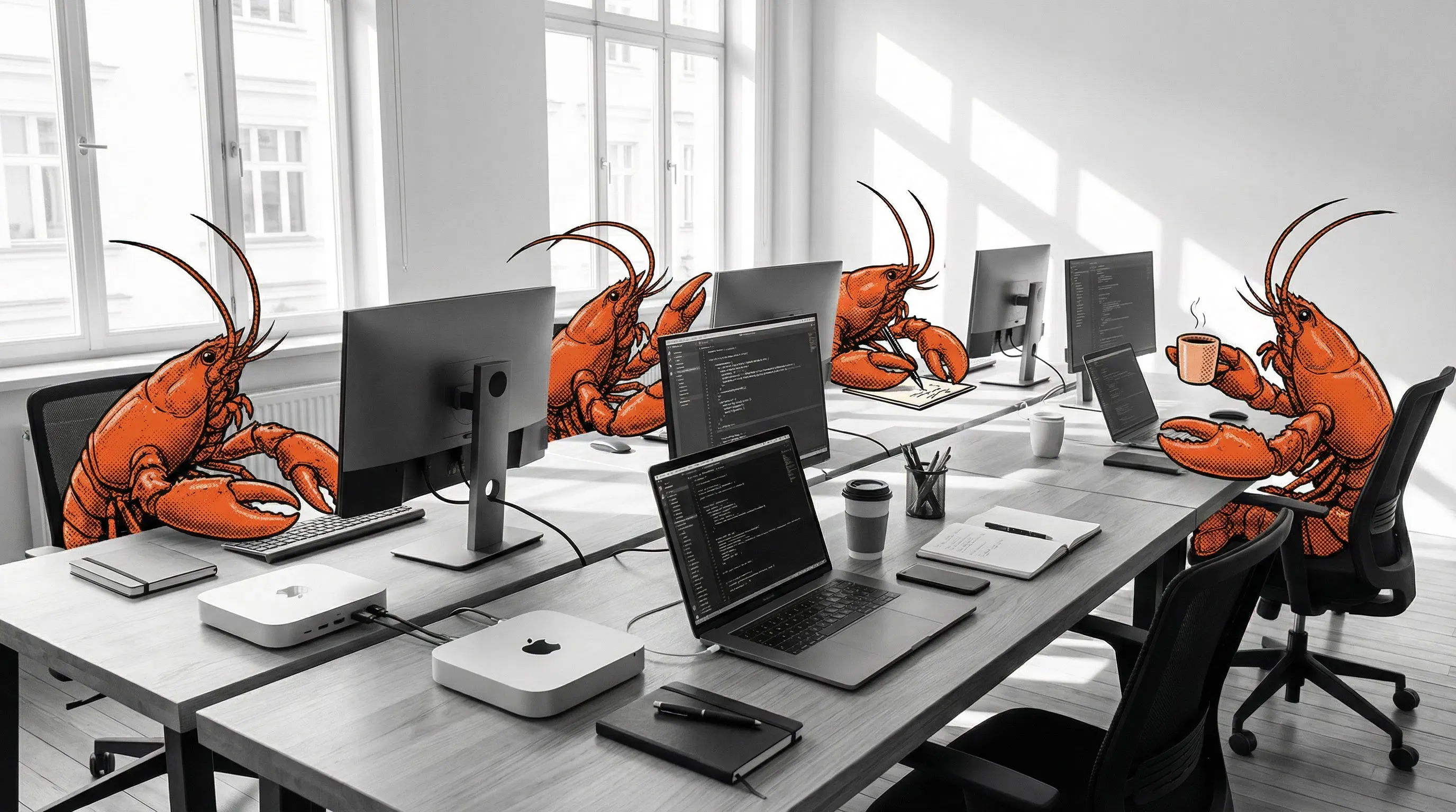 Lobster builders working at their desks